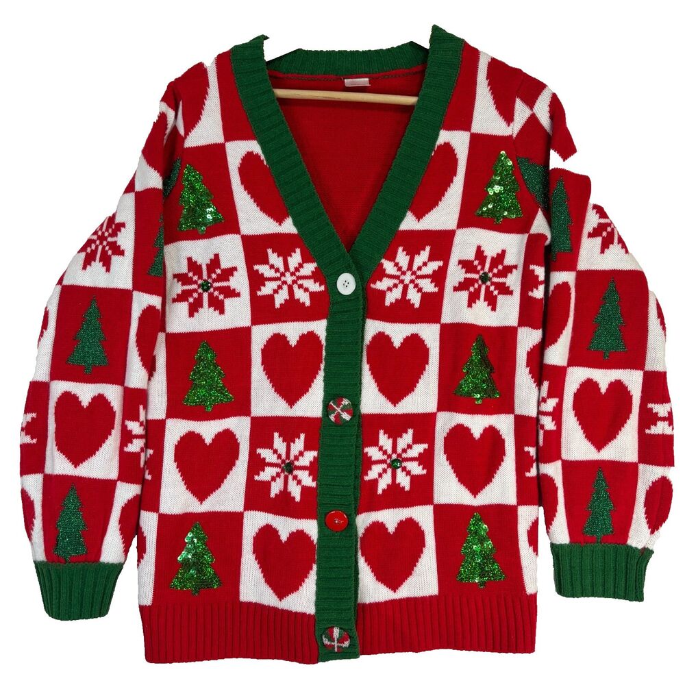 Ugly Christmas Holiday Sweater Button Up Cardigan Red Sequin Trees Sz S (4-6) - Picture 1 of 9
